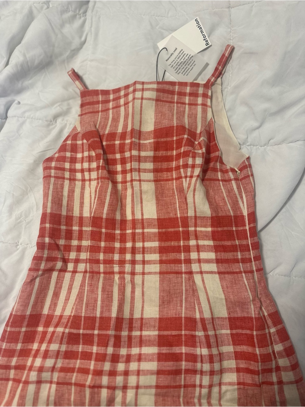 Reformation Plaid Mini Dress in Coral and Cream - Picture 3 of 5